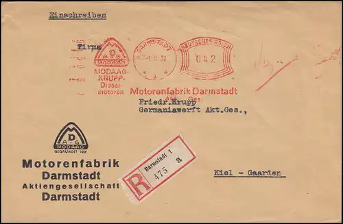 AFS Motorenfabrik Darmstadt 1.3.33 MODAAG KRUPP-Dieselmotoren, R-Brief nach Kiel