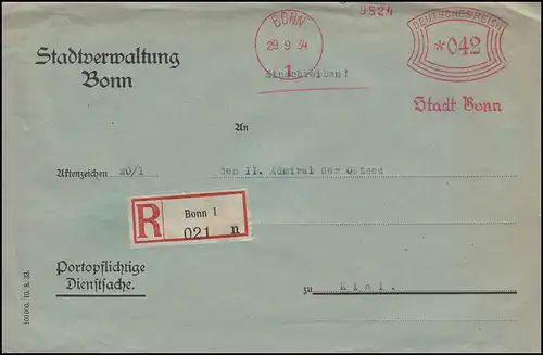 AFS Stadtverwaltung Bonn 29.9.34 auf R-Brief / Dienstsache nach KIEL-WIK 30.9.34