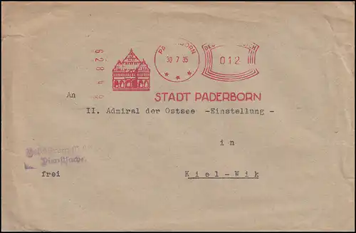 AFS Stadt Paderborn 30.7.35 Rathaus / BS Polizeibehörde, Brief nach Kiel-Wik