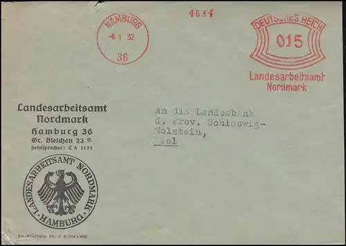 AFS Landesarbeitsamt Nordmark Hamburg 6.1.32 auf Brief an die Landesbank in Kiel