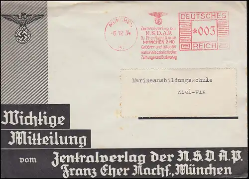 AFS Zentralverlag der NSDAP München 6.12.34 auf Drucksache nach Kiel