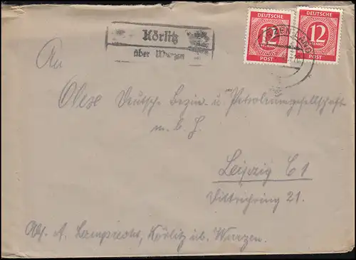 Landpost Körlitz sur WURZEN LAND 2.7.1946 sur lettre à Leipzig