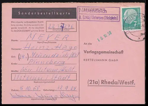 Landpost Neuendeich über UETERSEN 6.10.1959 auf Postkarte nach Rheda/Westf.