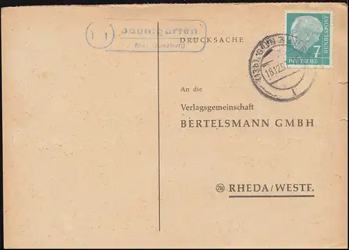 Landpost Baumgarten via GALZONEURG 18.12.1957 sur carte postale vers Rheda/Westf.