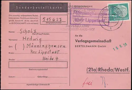 Landpost Mönninghausen via LIPPSTADT 5.8.1958 sur carte postale vers Rheda/Westf.