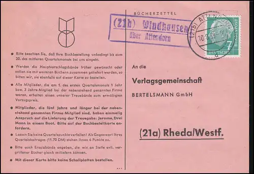 Landpost Windhausen par l'intermédiaire d'ATTENDORN 10.8.1958 sur carte postale à Rheda/Westf.