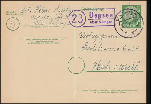 Pays-Bas: Uepsen via SULINGEN 29.12.1956 sur carte postale vers Rheda/Westf.