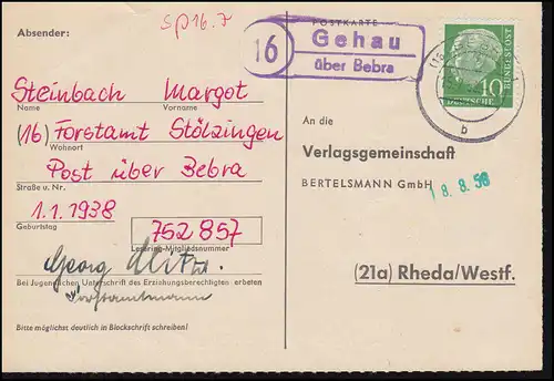 Landpost Gäu au-dessus de BEBRA 15.7.1958 sur carte postale selon Rheda/Westf.