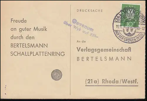Le courrier de campagne Oevenum sur Wyk sur Föhr sur carte postale SSt WYK (FÖHR) 11.11.1960