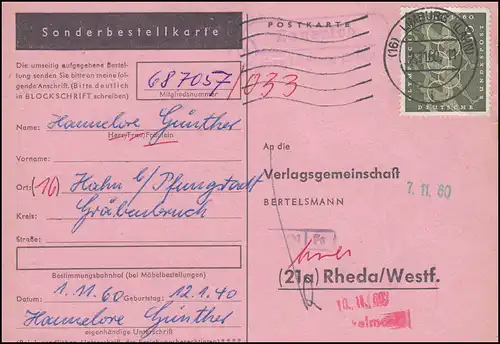Pays-Bas Post Ennerich via LIMBURG (LAHN) 2.11.1960 sur carte postale vers Rheda/Westf.