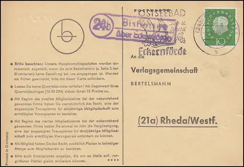 Landpost Bistensee über ECKERNFÖRDE 2.12.1960 auf Postkarte nach Rheda/Westf.