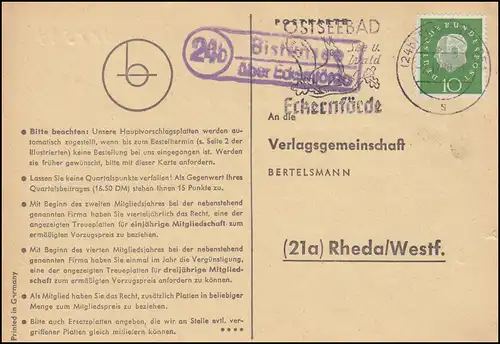 Landpost Bistensee via ECKernFÖRDE 2.12.1960 sur carte postale vers Rheda/Westf.