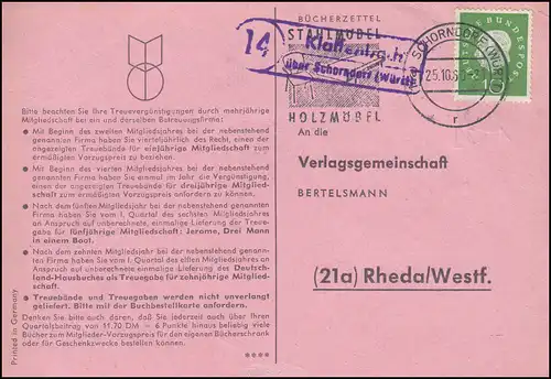 Landpost Klaffenbach via SCHORNDORF 25.10.1960 sur carte postale vers Rheda/Westf