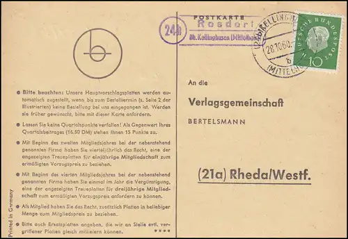 Landpost Rosdorf via KELLINGHUSEN (Meditholst) 28.10.1960 Carte postale vers Rheda