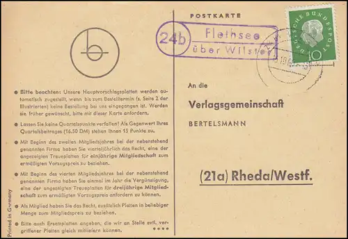 Landpost Flethsee via WILSTER 13.11.1960 sur carte postale vers Rheda/Westf.