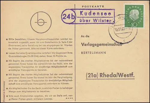 Landpost Kudensee via WILSTER 10.11.1960 sur carte postale vers Rheda/Westf.