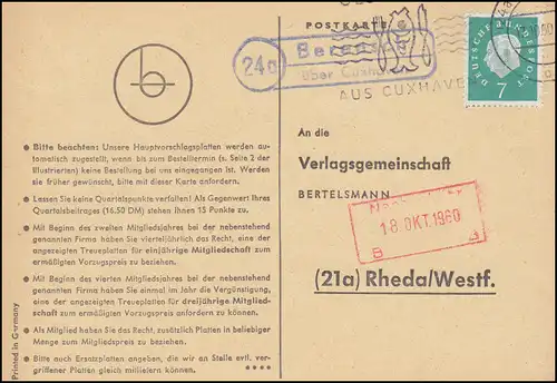 Pays-Bas Berensch via CUXHAVEN 17.10.1960 sur carte postale vers Rheda/Westf.