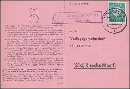 Landpost Zierolshofen via KEHL 1.10.1960 sur carte postale vers Rheda/Westf.