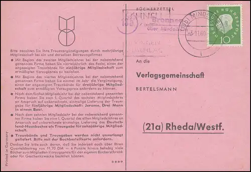 Payspost Bronnen au sujet de MINDELHEIM 1.11.1960 sur carte postale vers Rheda/Westf.