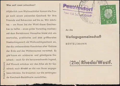 Landpost Penzendorf über SCHWABACH, Postkarte SSt SCHWABACH 1.12.1960 nach Rheda
