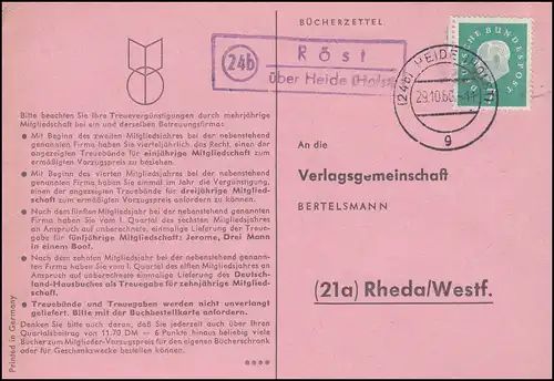 Landpost Röst über HEIDE (HOLST) 29.10.1960 auf Postkarte nach Rheda/Westf.