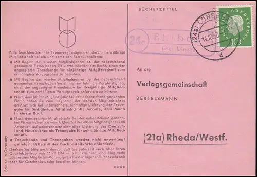 Landpost Ehlbeck sur LÜNEBURG 14.10.1960 sur carte postale à Rheda/Westf.