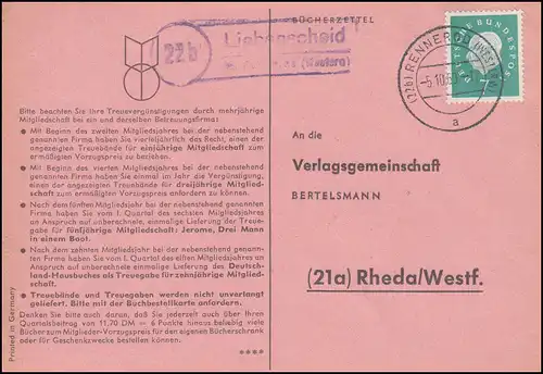 Landpost Liebenscheid über RENNEROD 5.10.1960 auf Postkarte nach Rheda/Westf.