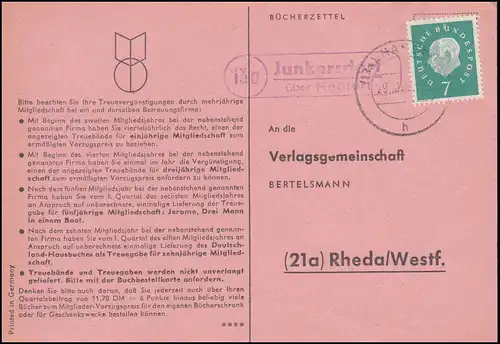 Landpost Junkersdorf via HASSFURT 29.10.1960 sur carte postale vers Rheda/Westf.