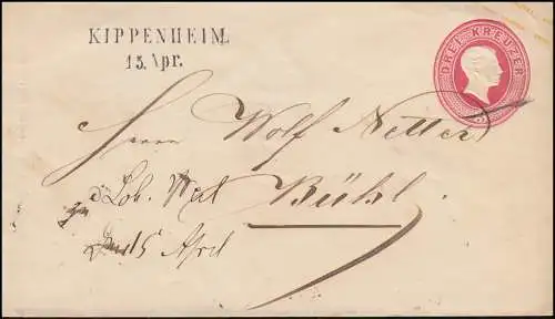 Bahnpost Baden Umschlag Großherzog Friedrich rot Zweizeiler KIPPENHEIM 15.4.