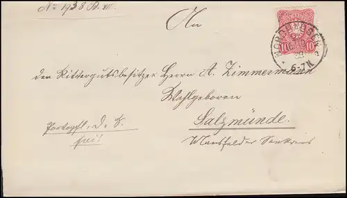 41 Ziffer 10 Pfennig auf Brief NORDHAUSEN 16.10.1888 nach SALZMÜNDE 17.10.88