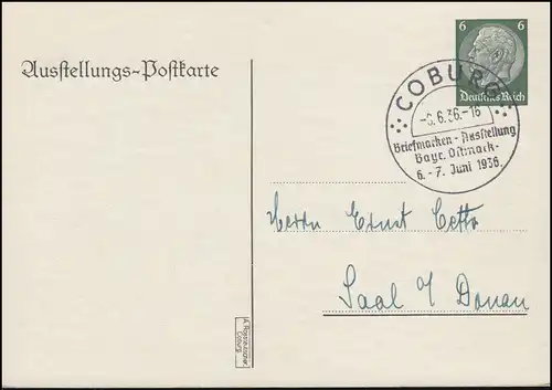 PP 127 Exposition des timbres Bayrische Ostmark correspondant SSt COBURG 6.6.1936