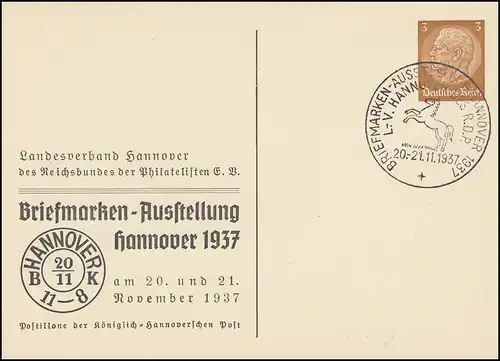 PP 122 Briefmarkenausstellung Hannover passender SSt 20.-21.11.1937 Pferd