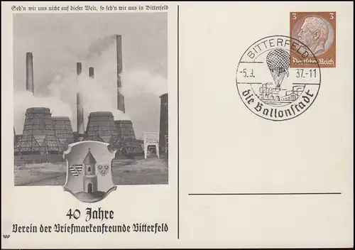 PP 122 Amis du timbre Bitterfeld correspondant SSt La ville de ballon 5.9.1937