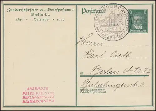 PP 104 Jahrhundertfeier Briefpostamt Berlin / Briefträger passender SSt 1.12.27