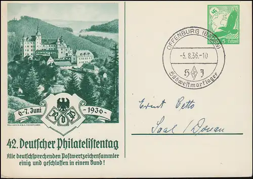 PP 142 Journée philatéliste 1936 avec SSt OFFENBURG (BADEN) camp de mark du sud-ouest 5.8.1936