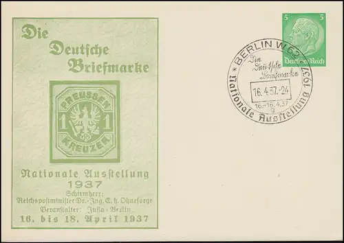 PP 126 Exposition des timbres Prusse 1 croiseur, correspondant SSt BERLIN 16.4.1937
