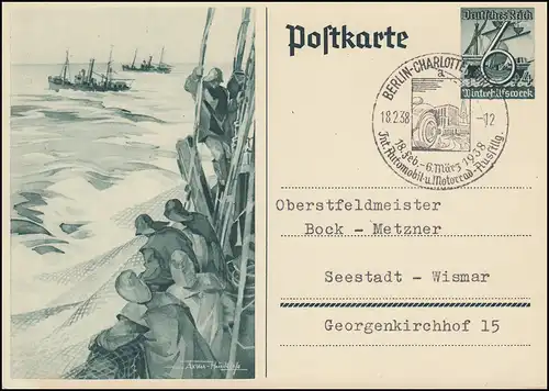 Carte postale spéciale P 266 WHW Pêche en haute mer SSt BERLIN Exposition Auto 18.2.1938