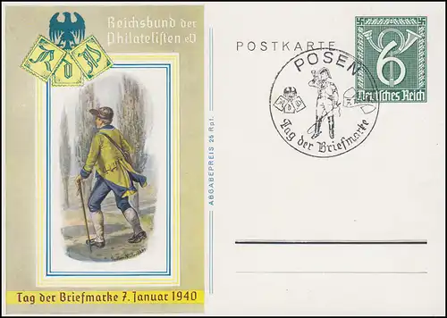Carte postale spéciale P 289 Jour du timbre-poste correspondant SSt POSEN Postillion 7.1.40