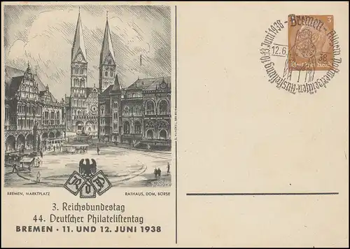 PP 122 Reichsbundtag und Philatelistentag 1938 passender SSt BREMEN 12.6.38
