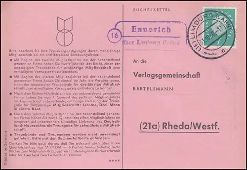 Landpost Ennerich über LIMBURG (LAHN) 31.01.1960 auf Postkarte nach Rheda/Westf.