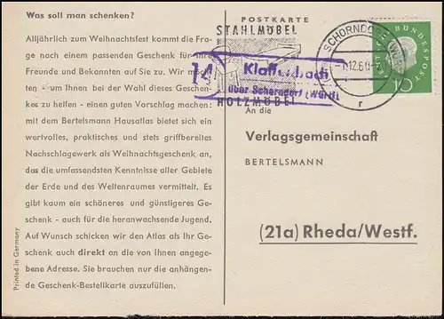 Landpost Klaffenbach via SCHORNDORF 1.12.1960 sur carte postale vers Rheda/Westf.