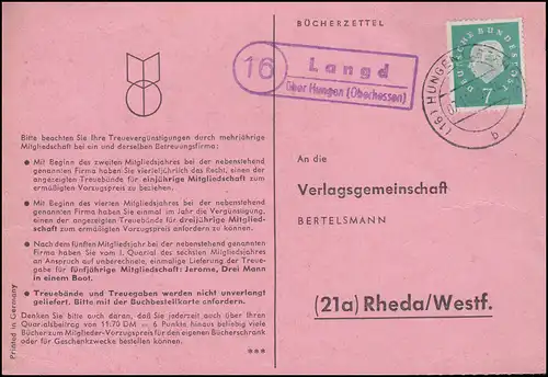 Pays-Bas Langd sur HUNGEN (OBERHESSEN) 7.11.1960 sur carte postale vers Rheda/Westf