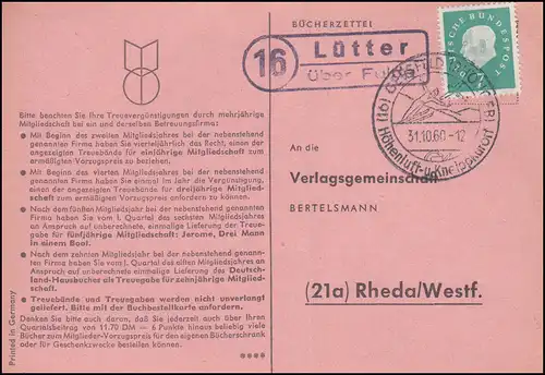 Landpost Lütter über Fulda auf Postkarte SSt GERSFELD (RHÖNGEB.) 31.01.1960