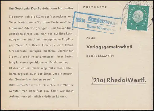 Landpost Gundersweiler sur WINNWEILER 2.12.1960 sur carte postale vers Rheda/RhedA