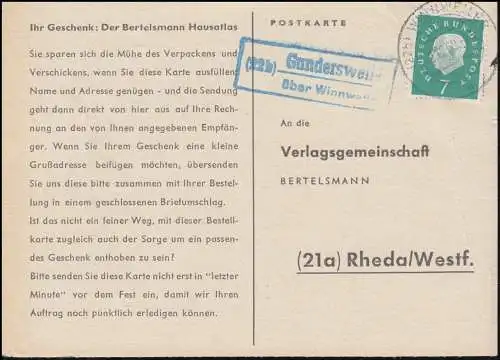 Landpost Gundersweiler sur WINNWEILER 2.12.1960 sur carte postale vers Rheda/RhedA