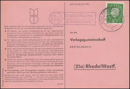 Landpost Buckenhofen über FORCHHEIM (OBERFR) 18.10.1960 auf Postkarte nach Rheda