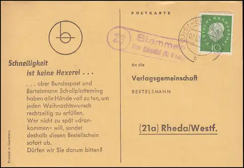Landpost Stemmen über SCHEESSEL (BZ. BREMEN) 2.12.1960 auf Postkarte nach Rheda
