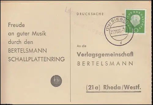 Landpost Langenholdinghausen über SIEGEN 21.11.1960 auf Postkarte nach Rheda