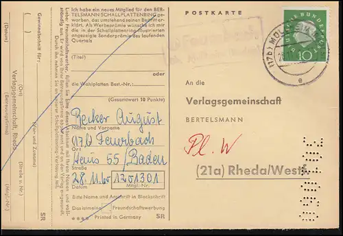 Landpost Feuerbach über MÜLLHEIM (BADEN) 28.11.1960, Postkarte nach Rheda/Westf.