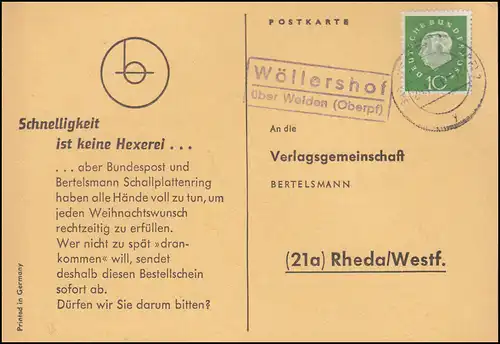 Landpost Wöllershof über WEIDEN (OBERPF.) 29.11.1960 Postkarte nach Rheda/Westf.